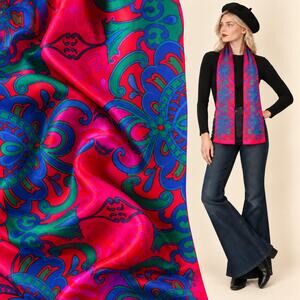 1990s Liz Claiborne Jewel-Tone Floral Scroll Long Rectangular Scarf
